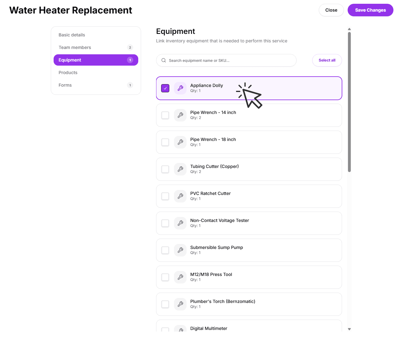 Select Equipment and Save