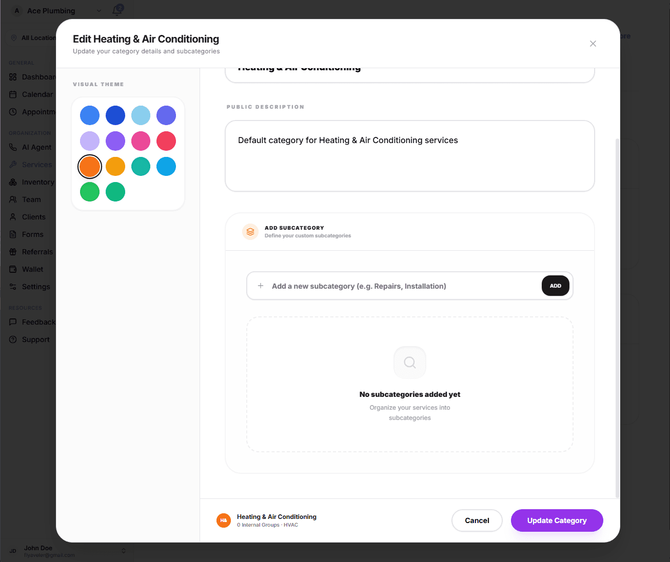 Adding a subcategory in the modal