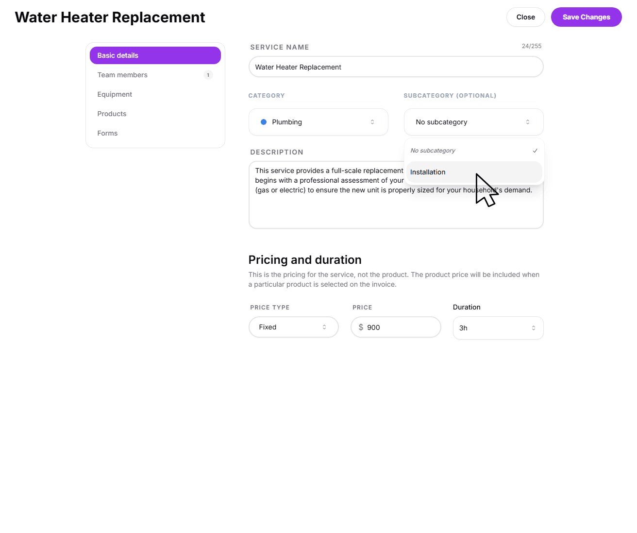 Use the dropdown select a subcategory