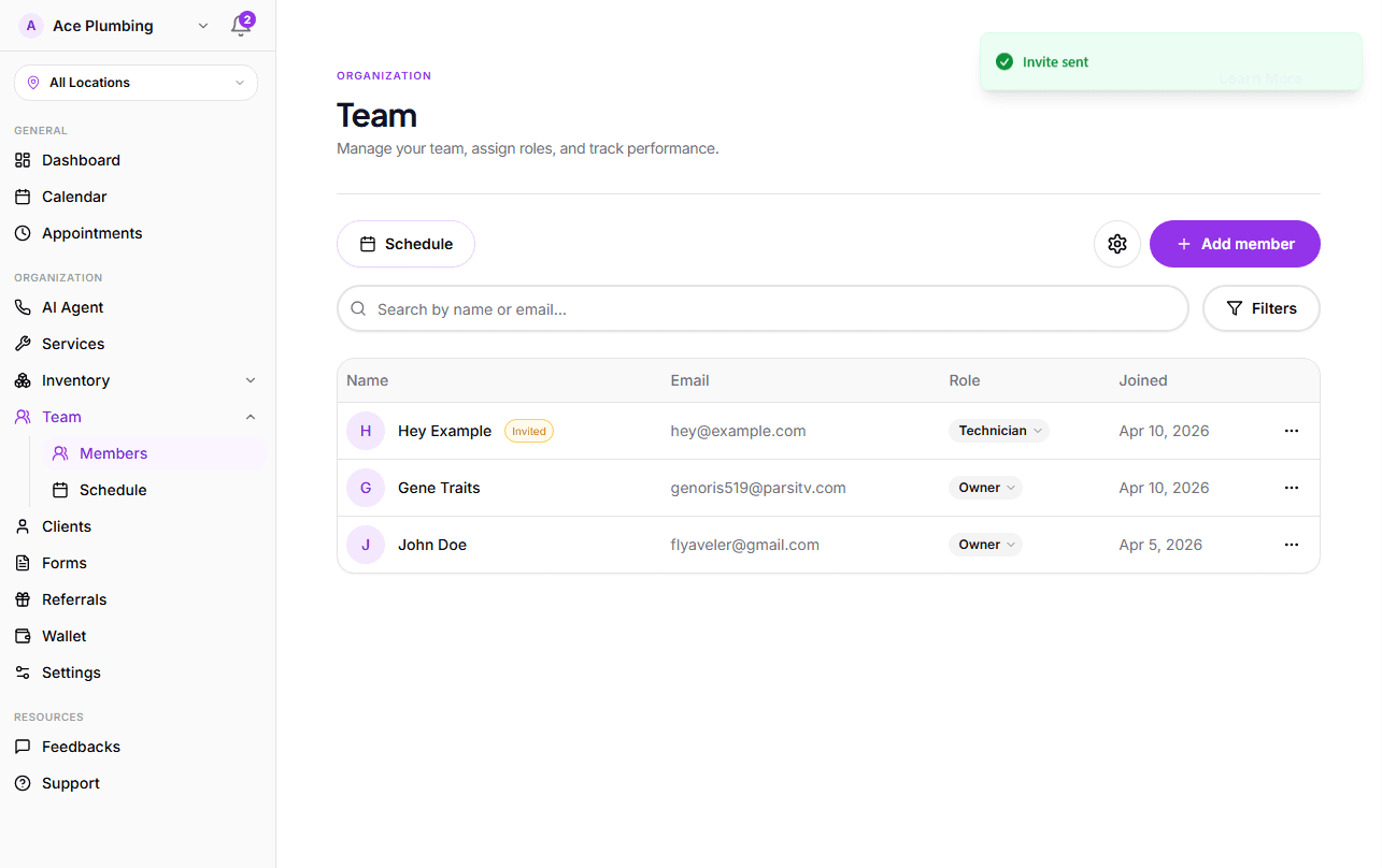 Add Team Member Confirmation